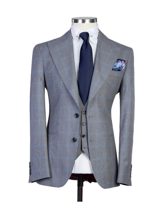 Grey Plaid Peak Lapel Single Breasted 3 Pieces Suits