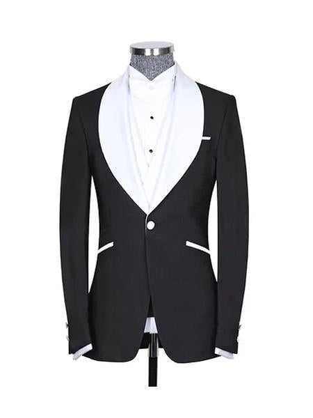 Black Wedding Suit For Groom With White Shawl Lapel