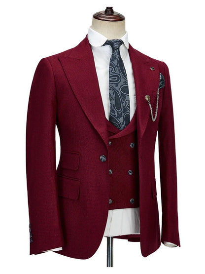 Men's Burgundy Peak Lapel Wedding 3 Piece Suit