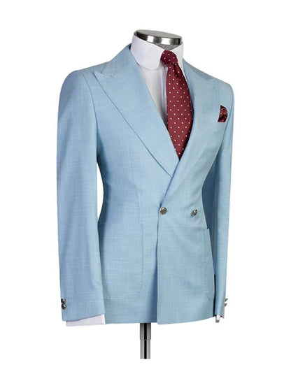 Sky Blue 2 Piece Double Breasted Peak Lapel Suits