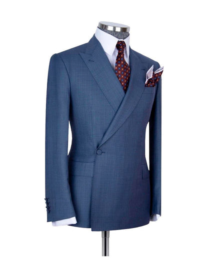 Blue 2 Piece Classic Peak Lapel Side Button Suit