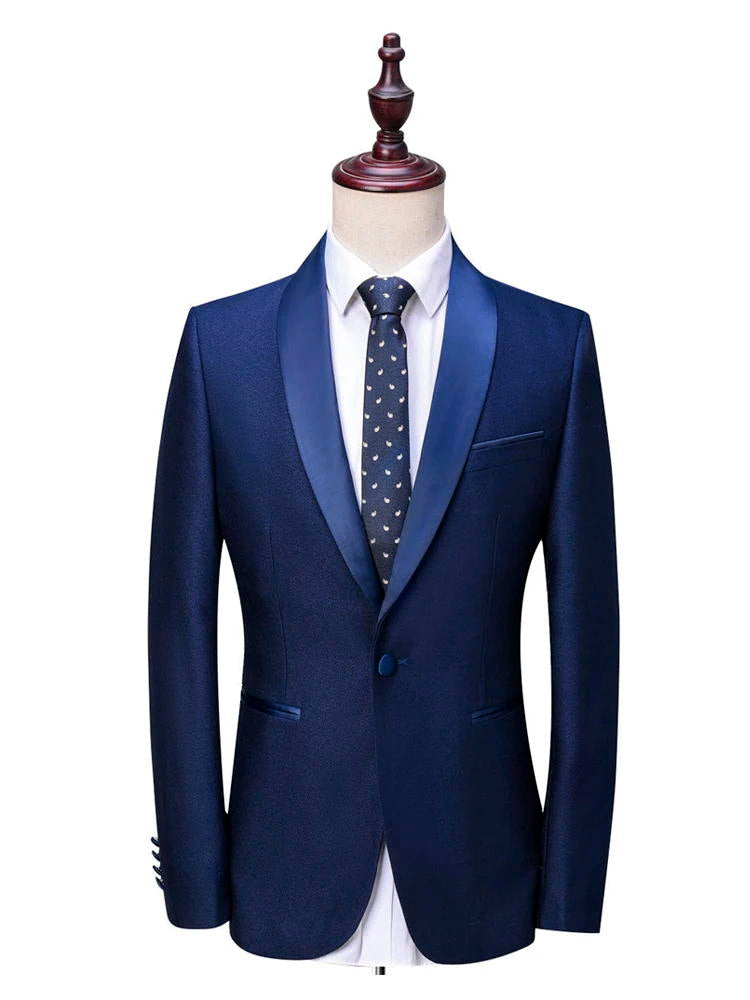 Navy Blue Slim Fit Shawl Lapel Prom Dinner Groom Tuxedos Suit