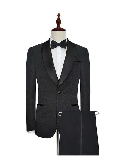 Black Shawl Lapel One Button Jacquard Wedding Tuxedo Suits