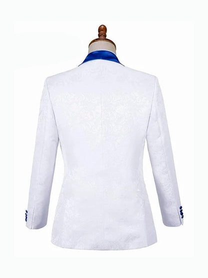 White 3 Pieces Jacquard Bespoke Tuxedo With Blue Shawl Lapel