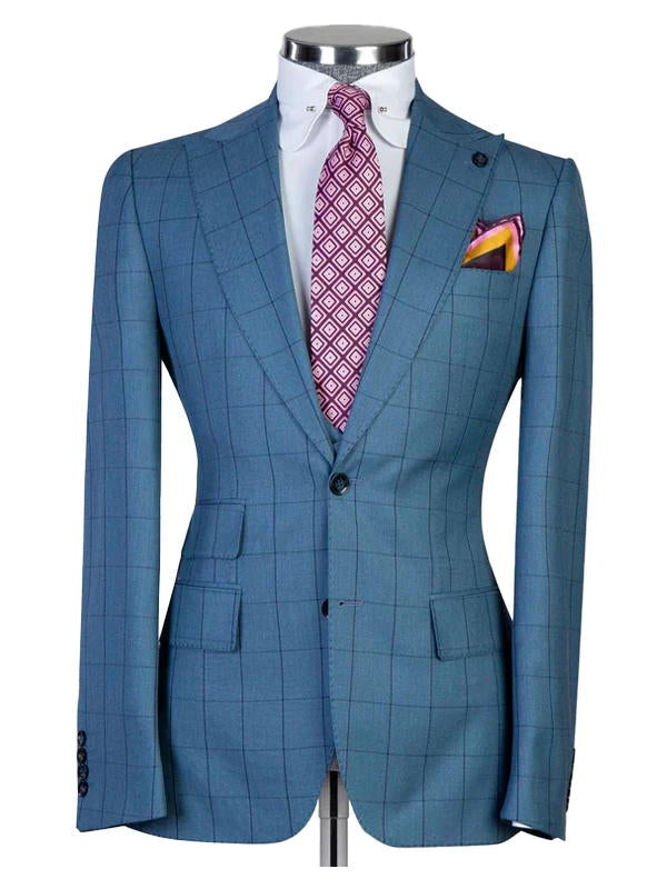 Blue Peak Lapel Single Breasted Plaid Man Suit