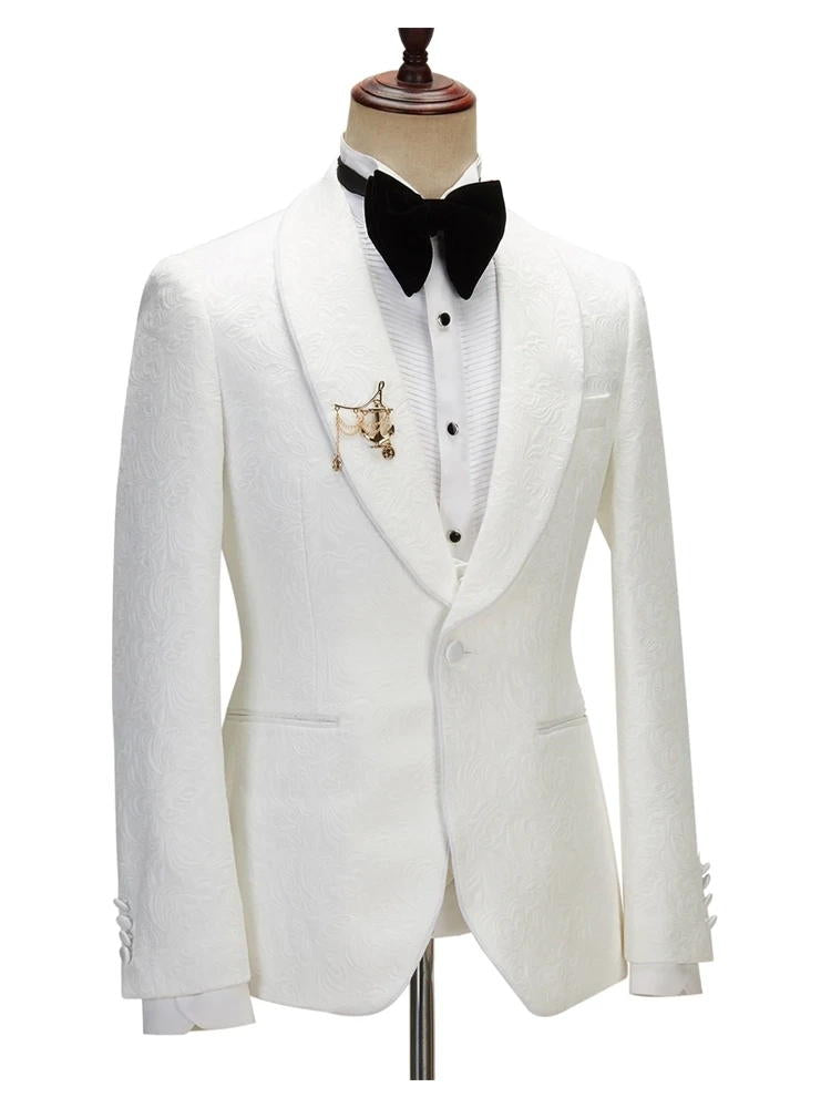 White Jacquard Shawl Lapel 3 Piece Wedding Suits