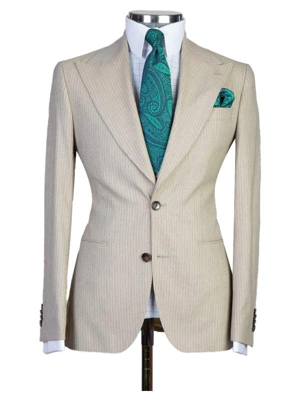 Beige Stripe 3 Pieces Suit Peak Lapel Single Breasted Tuxedos