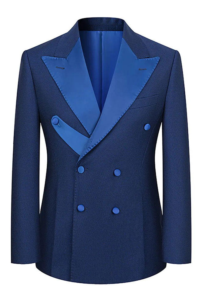 Navy Blue 2 Piece Double Breasted Peak Lapel Men Tuxedo