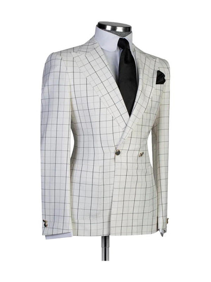 White 2 Piece Chic Plaid Peak Lapel Suits