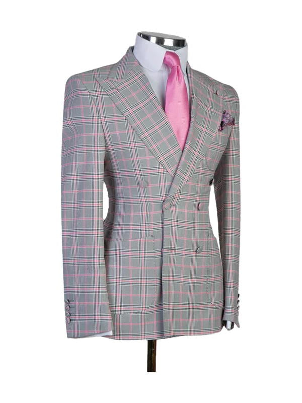 Grey Plaid Slim Fit Double Breasted Suit