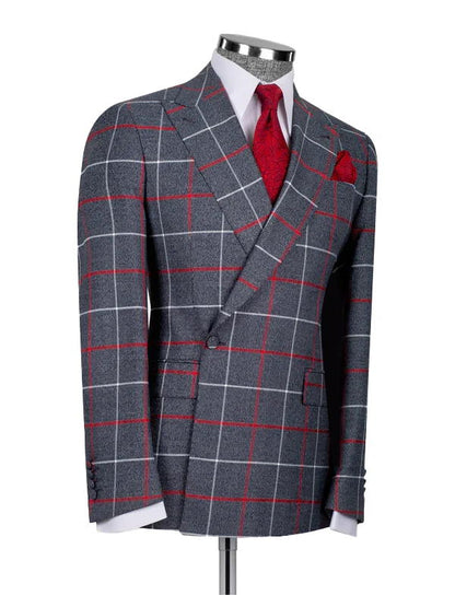 Grey 2 Piece Peak Lapel Red Plaid Double Breasted One Button Suit