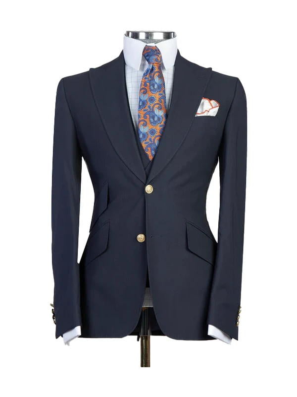 Dark Blue Peak Lapel Men's 3 Piece Suit