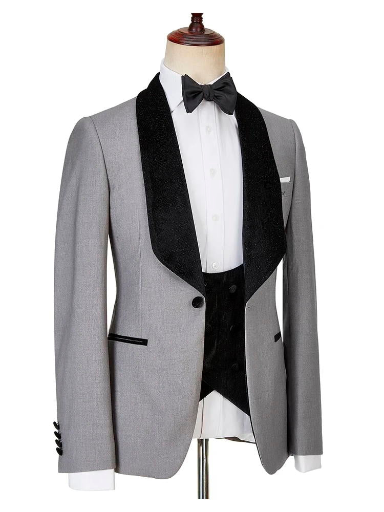 Light Gray 3 Piece Jacquard Shawl Lapel Suit