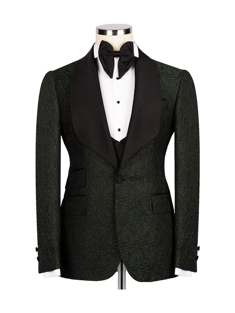 Dark Green 3 Piece Jacquard Slim Fit Shawl Lapel Wedding Suits