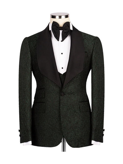 Dark Green 3 Piece Jacquard Slim Fit Shawl Lapel Wedding Suits