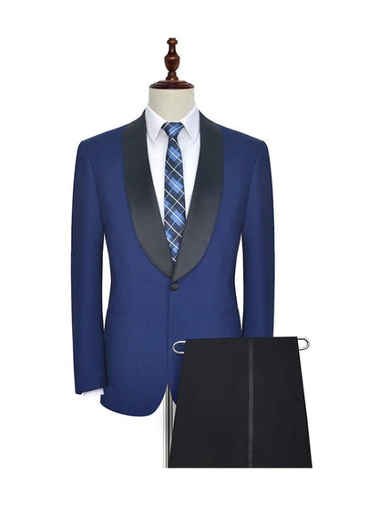 Blue One Button with Black Shawl Lapel Men's Suit