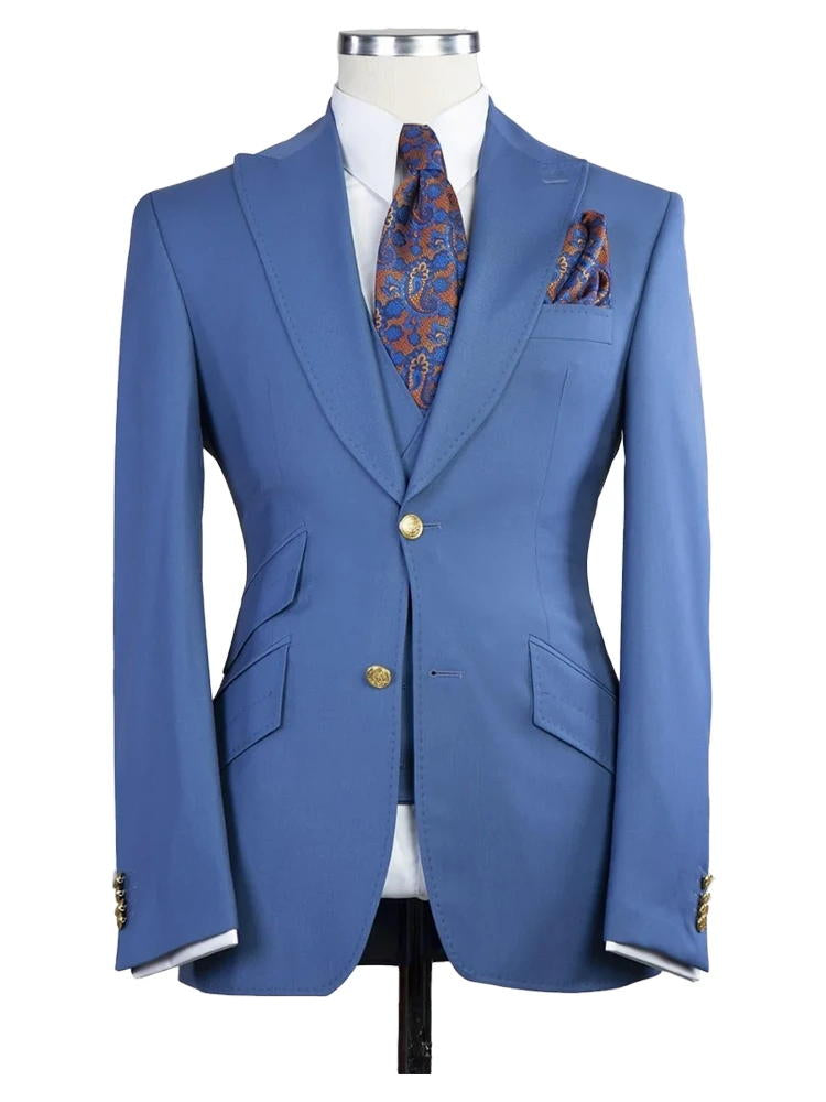 Blue Peak Lapel Men's 3 Piece Suit