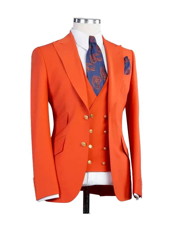 Orange Peak Lapel Men's 3 Piece Suit