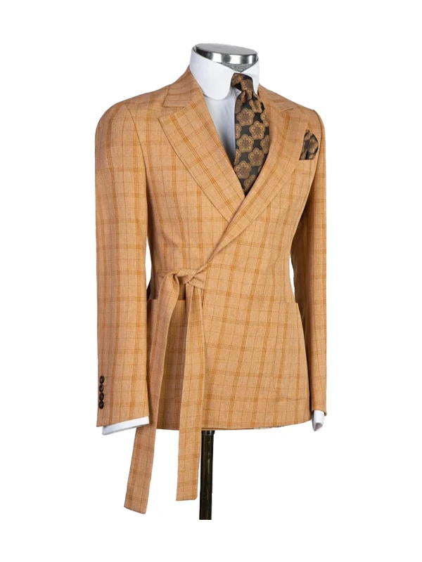 Orange 2 Piece Fashion Belted Notch Lapel Plaid Suit