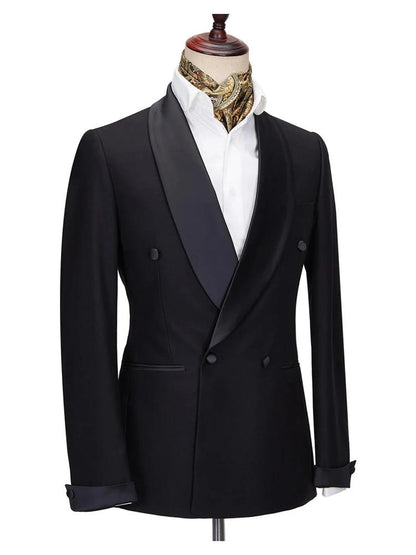 Black Double Breasted Shawl Lapel Slim Fit Wedding Tuxedo 2 Piece Suit