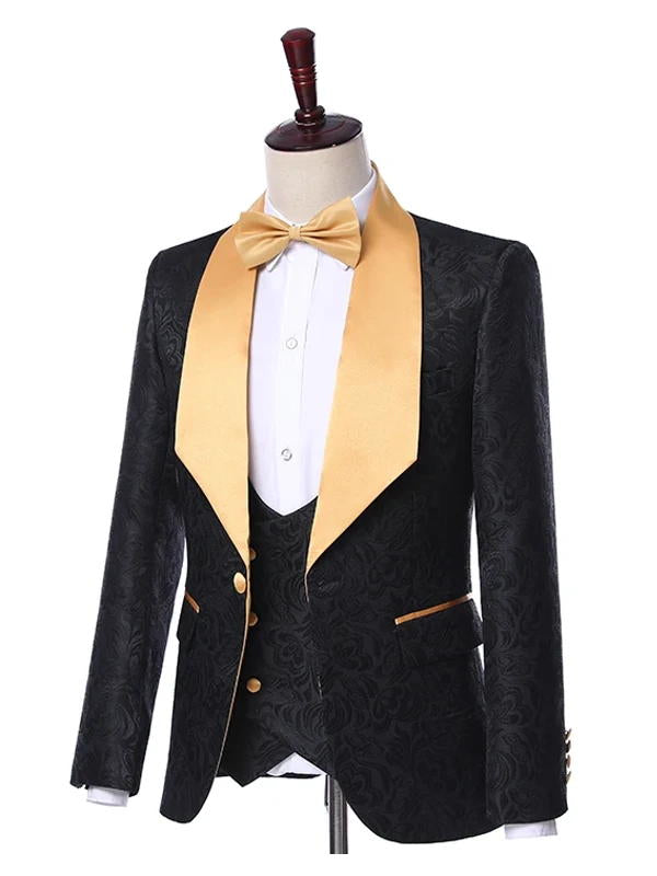 Black Jacquard Tuxedo 3 Piece Gold Shawl Lapel Suit