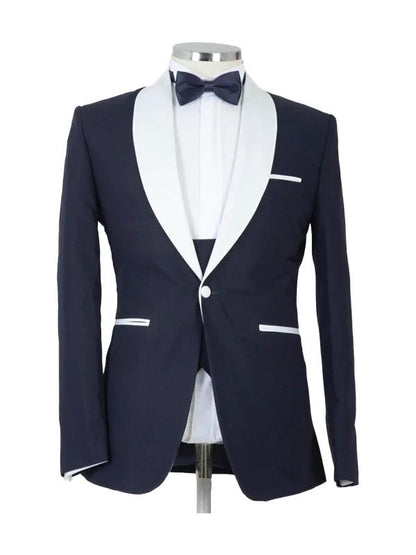 Navy Blue 3 Piece White Shawl Lapel Tuxedo