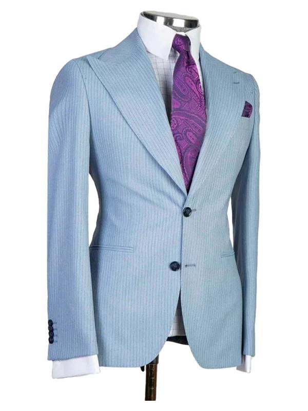 Light Blue Stripe 3 Pieces Suit Peak Lapel Single Breasted Suits