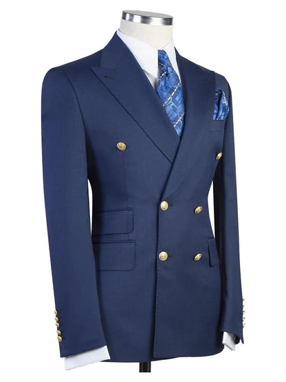 Royal Blue Peak Lapel Double Breasted Gold Button Suit