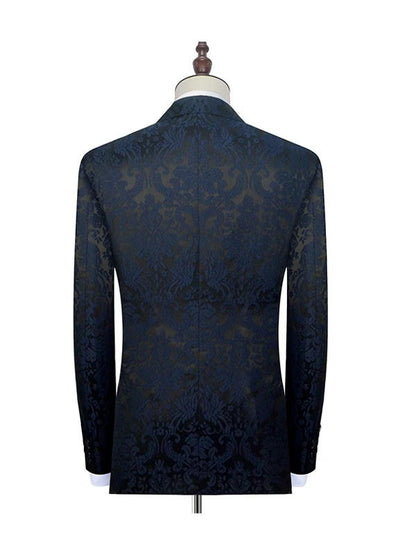 Dark Navy Blue Jacquard Peak Lapel Men's Suits For Wedding