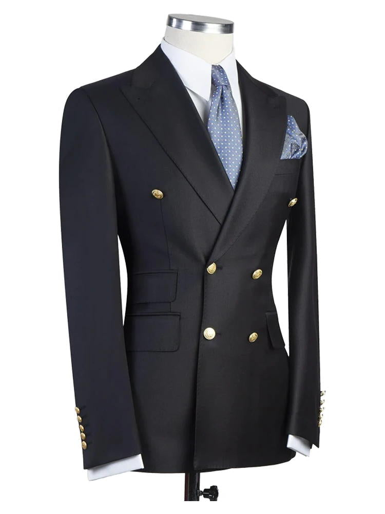 Black Peak Lapel Double Breasted Gold Button Wedding Suit