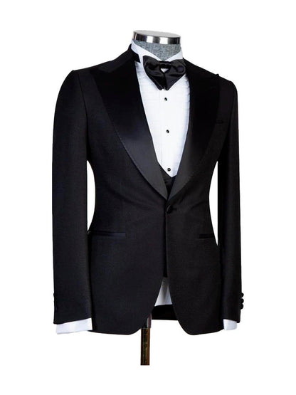 Black 3 Piece Wedding Suits With Burgundy Peak Lapel