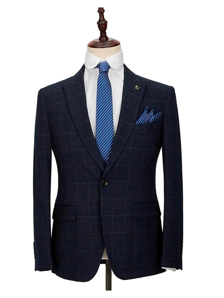 Dark Navy Blue Plaid Peak Lapel 3 Piece Suit