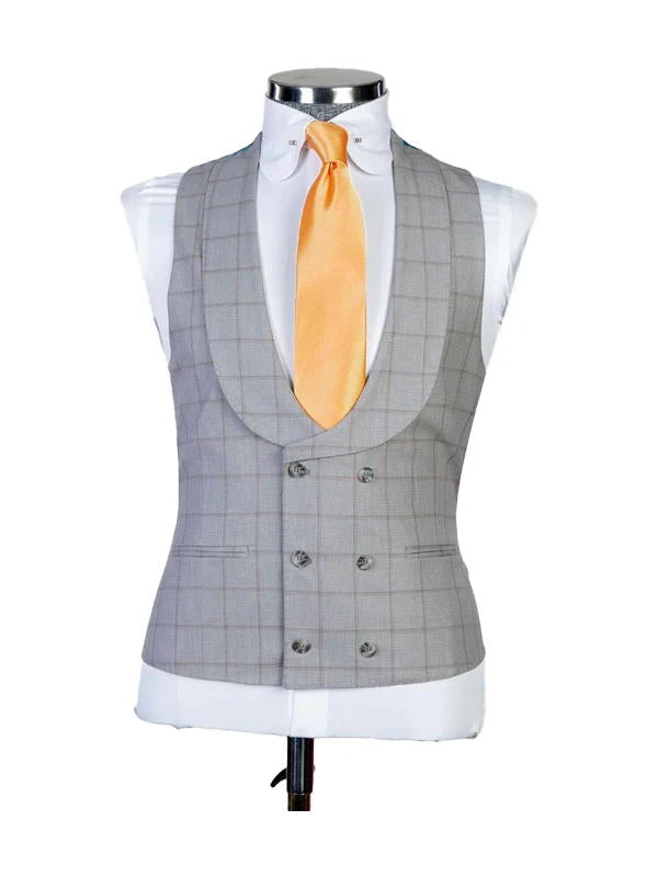 Grey Slim Fit Peak Lapel Single Breasted Plaid Man Suit