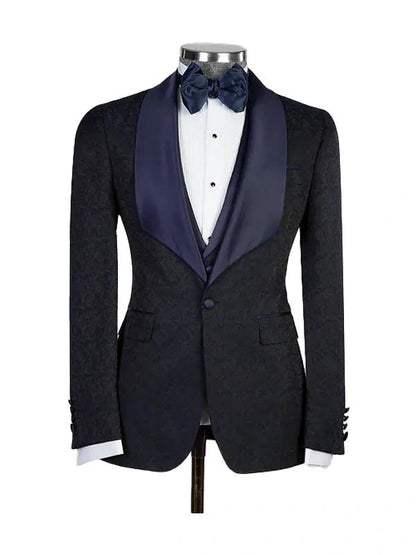 Black 3 Piece Bespoke  Jacquard Shawl Lapel Suit