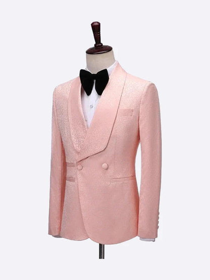 Pink 2 Piece Double Breasted Jacquard shawl Lapel Suits