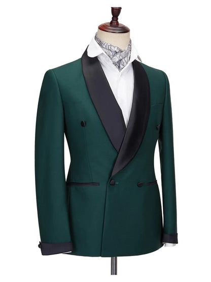 Green Double Breasted Shawl Lapel Slim Fit Wedding Tuxedo 2 Piece Suit