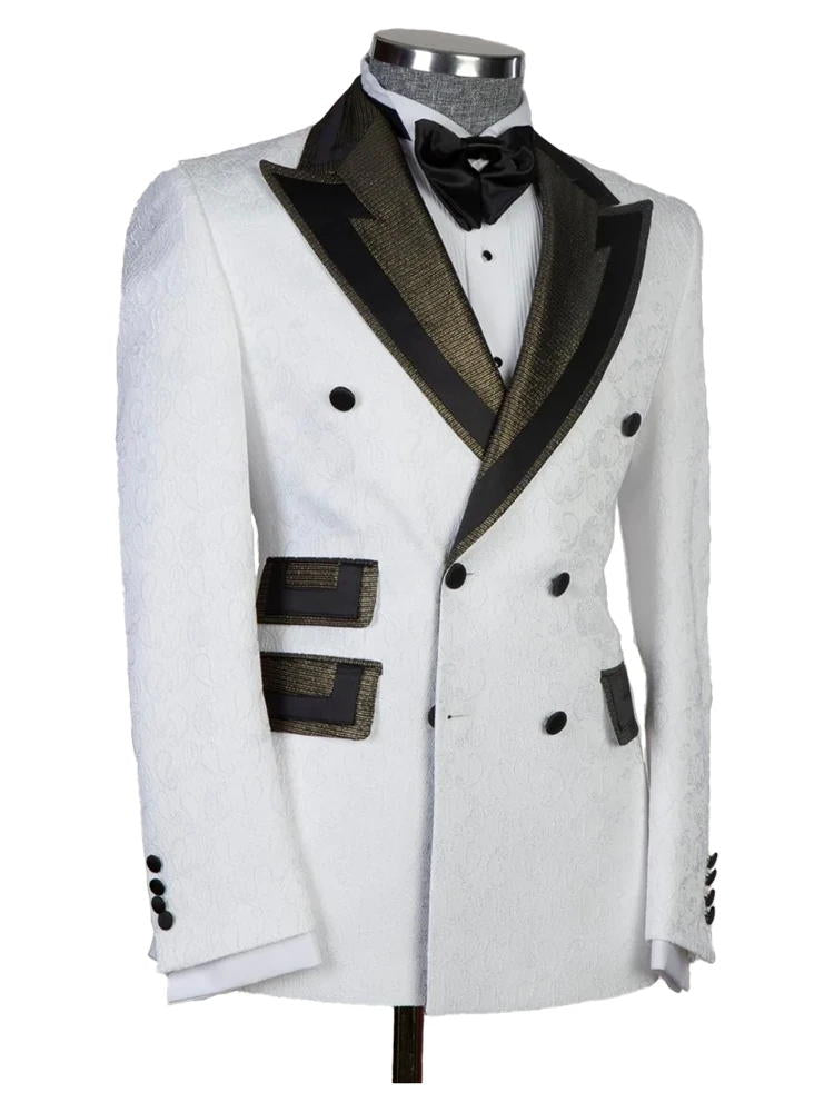 White Jacquard Peak Lapel Double Breasted Wedding 2 Piece Suit Tuxedos