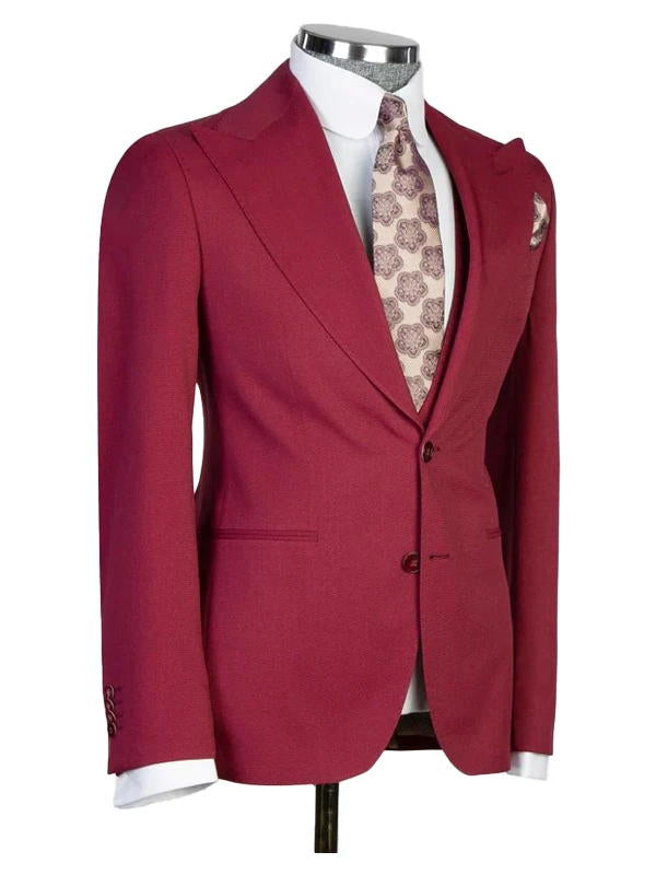 Burgundy 3 Pieces Suit Peak Lapel Single Breasted Tuxedos