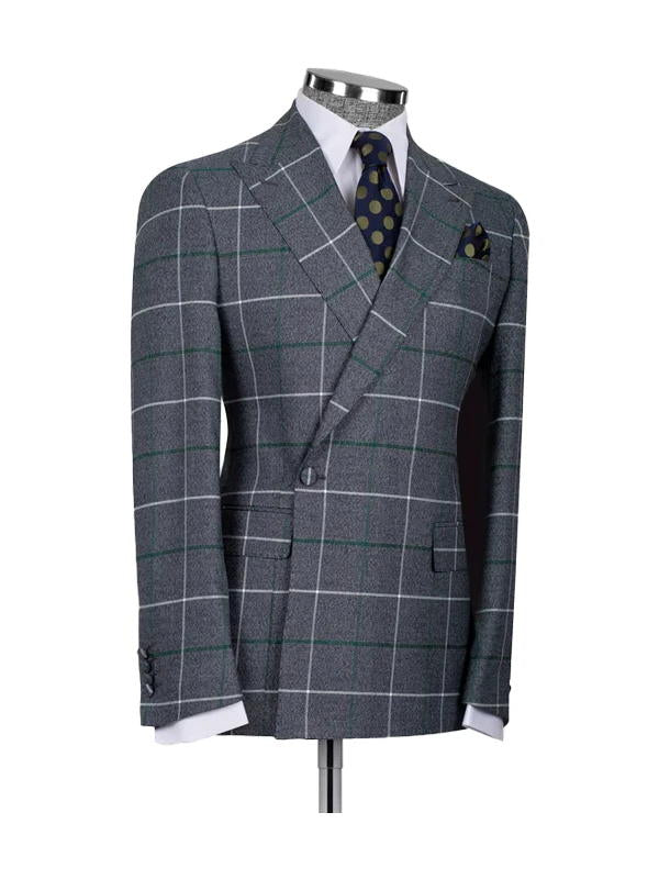 Grey 2 Piece Plaid Double Breasted One Button Suit