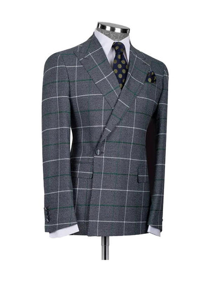 Grey 2 Piece Plaid Double Breasted One Button Suit