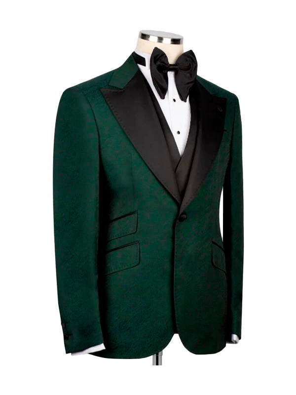 Green 3 Piece Black Collar Classic Jacquard Man Suit