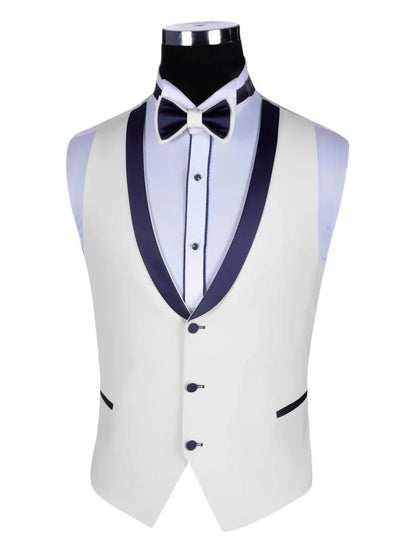 Elegant White with Blue Satin Peak Lapel Tuxedo 3 Piece Suit