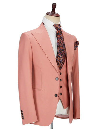 Pink Men’s Peak Lapel Solid Single Breasted Tuxedos 3 Pieces Suit