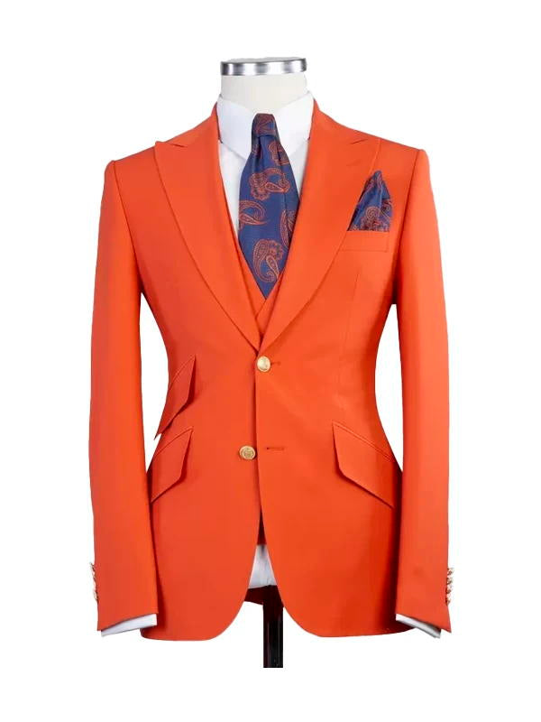 Orange Peak Lapel Men's 3 Piece Suit