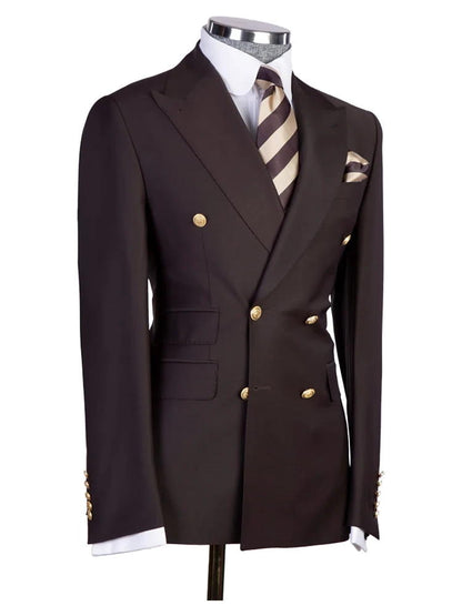 Dark Brown Peak Lapel Double Breasted Gold Button Suit