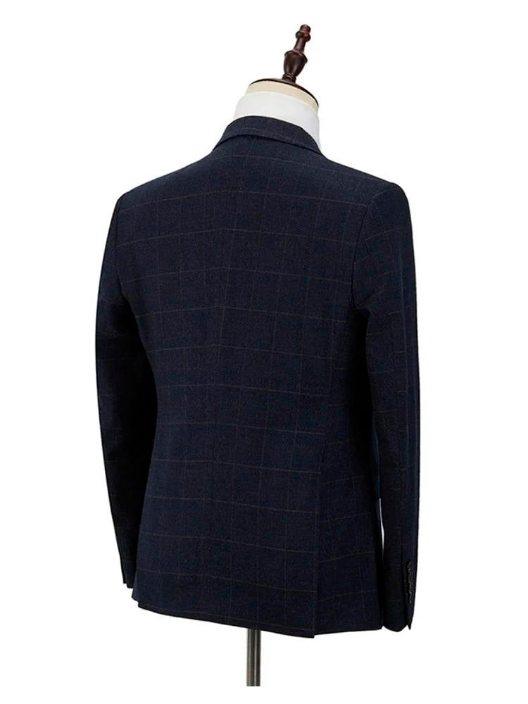 Dark Navy Blue Plaid Peak Lapel 3 Piece Suit