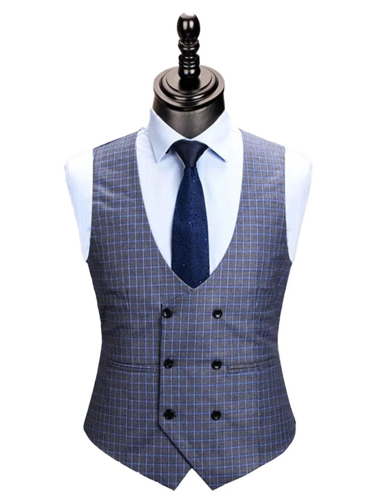 Grey 3 Piece 	 Bespoke Plaid Notched Lapel Fitted Suits