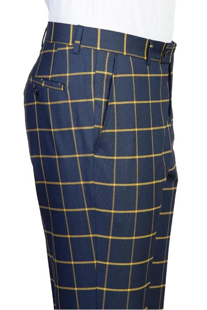 Navy Blue 2 Piece Fashion Belted Notch Lapel Plaid Suit