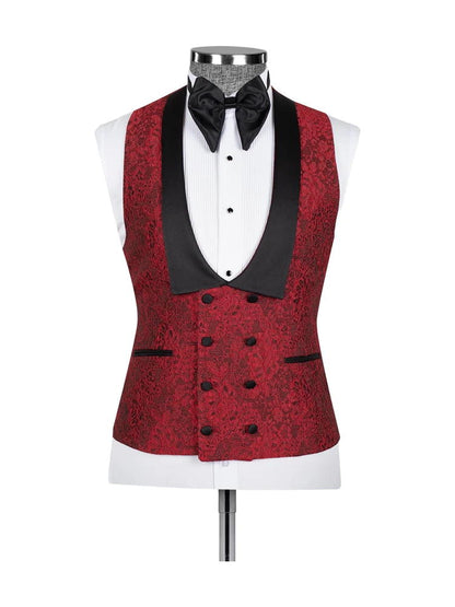 Red 3 Piece Jacquard Slim Fit Shawl Lapel Wedding Suits