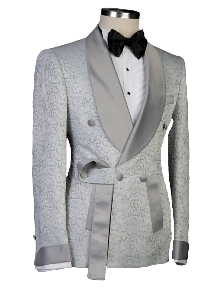 Silver Shawl Lapel Double Breasted Jacquard Wedding Suits